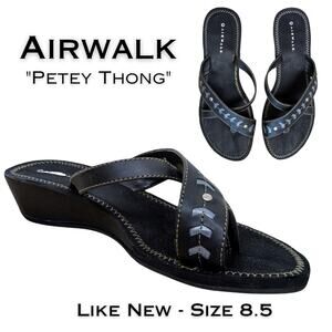 Airwalk Petey Sandal 8.5 Black Wedge Thong Silver Studded Comfort Padded Classic